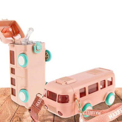 MARKWELL Bus Shaped Water Bottle with Moving Wheels, 480 Ml Leak-Proof Water Bottle for Kids, Water Bottle with Strap & Sipper for Kids, Sipper Water Bottle for Kids (Pink)