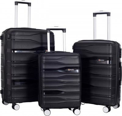Marlin London Hard Body Set of 3 Luggage 8 Wheels - UDAAN Light-Weight & Durable Polyproylene Hard Luggage - Black