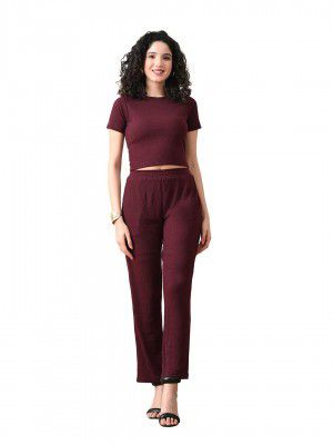 Maroon Ribbed Co-ord Set | Round Neck Crop Top with High Waist Pant