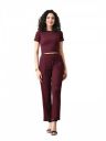 Maroon Ribbed Co-ord Set | Round Neck Crop Top with High Waist Pant...