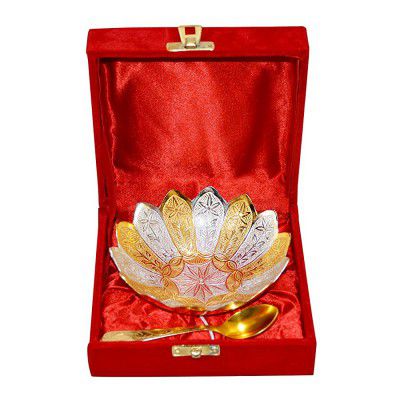 Marusthali Metal Floral Bowl, Spoon Box - 2 Pcs, Gold, Brass