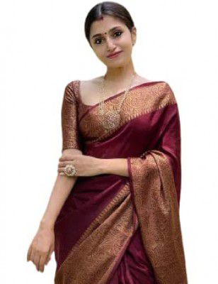 Marvish Women's Kanjivaram Soft Lichi Silk Saree With Blouse Piece (Plain Maroon Parent)