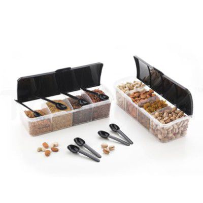 MasalaGhar 4 in 1 Masala Box, Pack of 2, 1800ml with 4 Spoons for Kitchen Storage - BPA Free Transparent Container for Spices Pickle Dry Fruits Grains Snacks with Colorful Lids