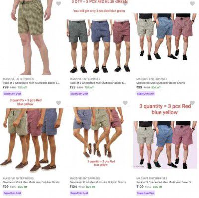 Flipkart : Up to 82% OFF - Massive Enterprises Mens Shorts | Starts @86/-