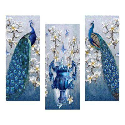 Masstone Peacock Wall Art for Living Room | Wall Art for Bedroom (15x18 Inch) | Wall Art Frames Set of 3 | Wall Hanging Art Decor | Beautiful Pair of Peacock & Flower Vase | Modern Art Wall Painting