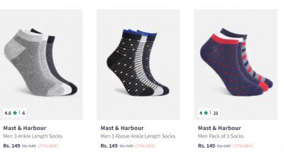 MAST & HARBOUR - MEN'S 3 PACK OF SOCKS @ 80% OFF | Starts at Rs 129