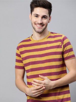 Mast & Harbour Men Mustard Yellow & Magenta Handcrafted Pure Cotton Striped T-shirt