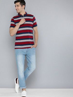 Mast & Harbour Men Red & Navy Blue Striped Mandarin Collar Pure Cotton T-shirt