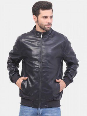 Mast & Harbour Navy Blue Mock Collar Long Sleeves Bomber Jacket