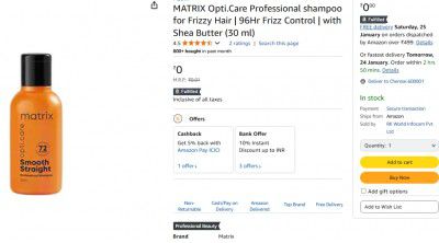 MATRIX Opti.Care Professional shampoo for Frizzy Hair | 96Hr Frizz Control | with Shea Butter (30 ml)
