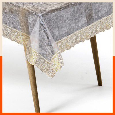 Matworks by Bathla - Aurum Plastic Table Cover for Dining Table with Golden Lace - Rectangular - (60 X 90)| Pebbles
