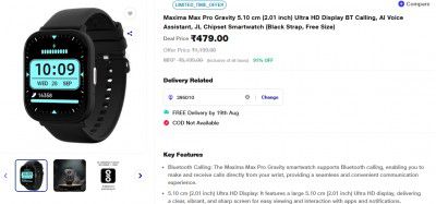 Reliance Digital Loot : Maxima Max Pro Gravity (2.01") Ultra HD Display BT Calling Smartwatch