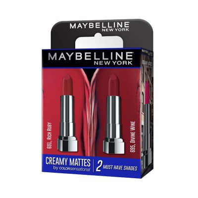 Maybelline New York Matte Lipstick, Intense Colour, Moisturised Lips, Color Sensational Creamy Matte, Rich Ruby & Divine Wine (Pack of 2)