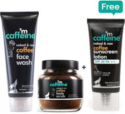 mCaffeine Free Sunscreen Lotion with Tan Removal Coffee Body Scrub & Dirt Removal Coffee Face Wash (3 Items in the set)