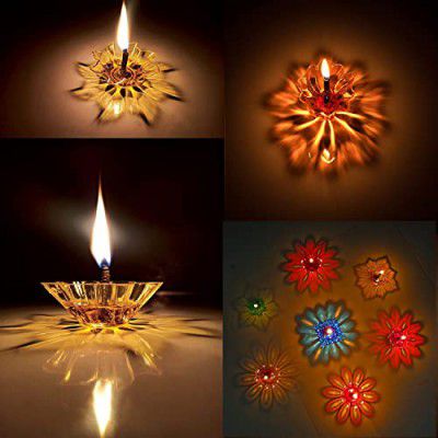Mclear Transparent Designer Reflection Special Colourful Decorative Reusable Plastic 3D Floating Oil Diya - Multicolor, Pack of 12