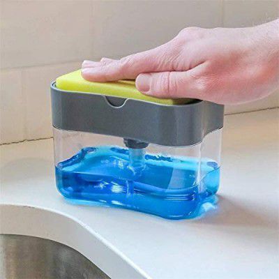 Mechdel 2 in 1 Soap Pump Plastic Dispenser for Dishwasher Liquid; Holder with Free Sponge