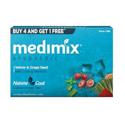 Medimix Ayurvedic Cool Bathing Soap With Menthol, Vetiver & Grape Seed 125Gm (Buy 4 And Get 1 Extra Combo Pack)