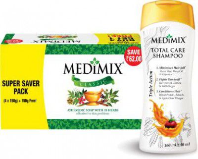 MEDIMIX Ayurvedic Soap 150g Buy 4 Get 1 & Total Care Shampoo 200ml  (2 Items in the set)