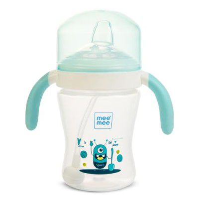 Mee Mee Sippy Cup: Soft Silicon Spout, Weighted Straw, Hygiene Cover, Sterilizable, Ergonomic Handle, Lightweight, Wide Neck, BPA-Free (Blue)