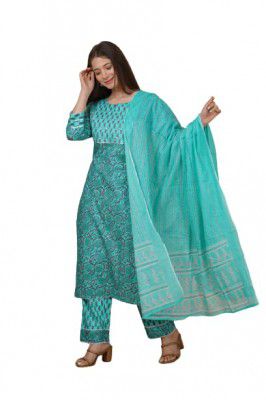 MEERA FAB Women's Cotton Handwork Printed Kurta With Palazzo & Dupatta Set