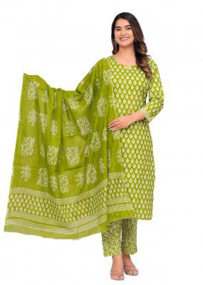 MEERA FAB Women's Cotton Printed Straight Kurta With Palazzo & Dupatta Set