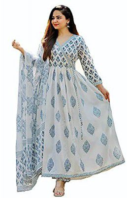 MEERA FAB Women's Cotton Printed White Anarkali Kurta with Palazzo & Dupatta Set