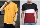 Meetri Pack of 2 Men Striped Round Neck Polyester Yellow, Maroon T-Shirt...