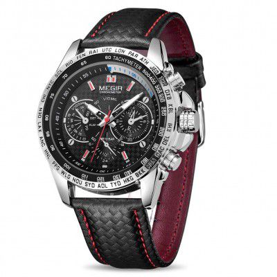 MEGIR Men Wrist Watch Leather Waterproof Analog Quartz Sport Casual Fashion Watch with Big Dial Calendar for Business Office Work School Outdoor