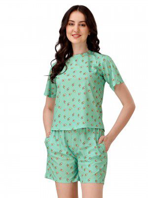 Mehrang Cord Set for Women, Night Suits for Women, with 2 Pockets, Cotton Lycra Digital Print, Blue Green & White