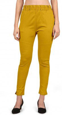 Mehrang Women's Elastic Waist Cotton Pants, Navy Blue, Ankle Length, Slim Fit