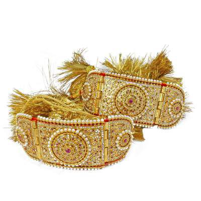 Meira Jewellery Pearl Base Metal Golden Bajuband with Golden Loom for Women