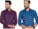 Men Checkered Casual Blue Shirt (Pack of 2)...