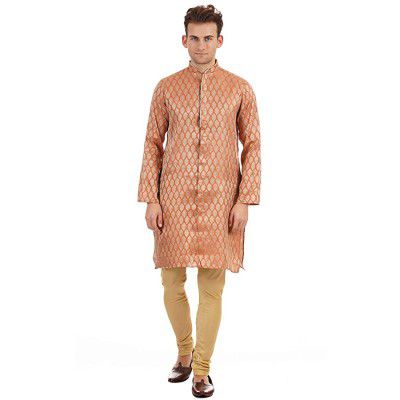 Men Peach-Coloured Self Design Kurta with Trousers
