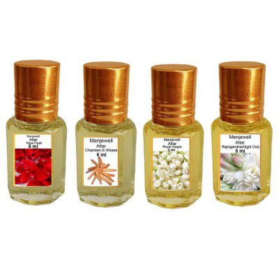 Menjewell Rose Fresh, Chandan-E-Khaas, Royal Mogra & Rajnigandha Perfume Floral Attar, 6 Ml (Pack Of 4)