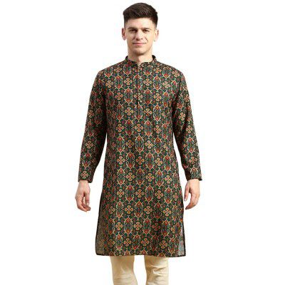 Men's Black Art Silk Regular Fit Ethnic Motifs Kurta