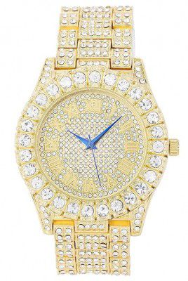 Men’s Bling-ed Out Round Metal Watch – Diamond-Style Hour Markers 
