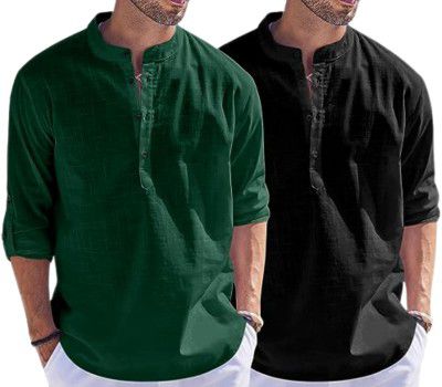 Men's Cotton Blend Straight Kurta Shirt Combo with Mandarin Collar
