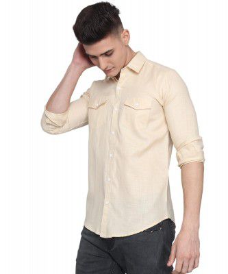 Men's Designer TryBuy Premium Cream Solid Cotton Linen Casual Double Pocket Shirt