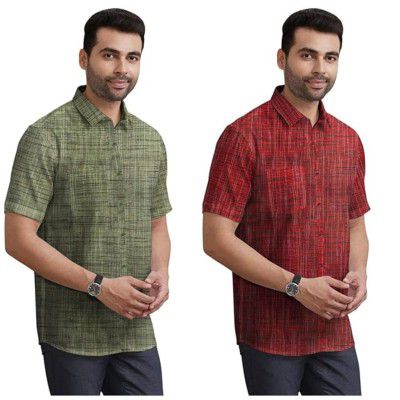 Men's Khadi Cotton Half Sleeves Striped Casual Shirt (Pack of 2)