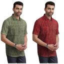 Men's Khadi Cotton Half Sleeves Striped Casual Shirt (Pack of 2)...