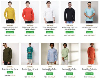 Men's Kurta up to 70% off Starting at ₹175