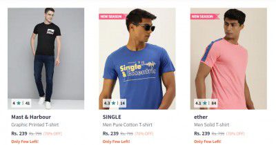Men's T-shirts @ 85% off | Starting from ₹120