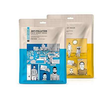 MensXP Mud Face Serum Sheet Mask For Men - Combo Pack of 2 With Vitamin C, B3, Aloe Vera & Green Tea (1 Anti pollution Sheet Mask + 1 De-Tan Skin Brightening Sheet Mask)