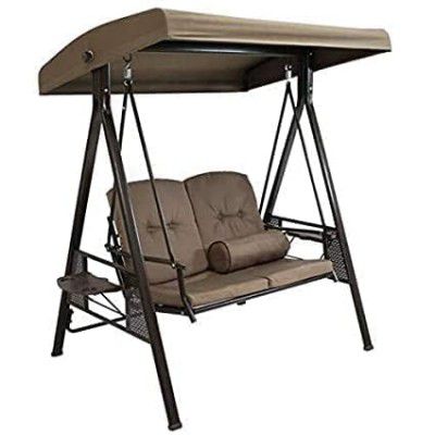 METALMASTER Swing Chair 2 Seater | Garden Swing seat Brown | Outdoor Canopy Cushioned Bench Bed Seat | Weight Capacity 350 Kg (Brown)