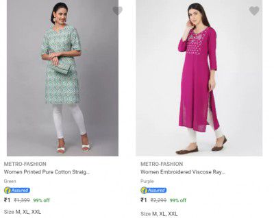 Metro Fashion Womens Kurtas @ ₹1