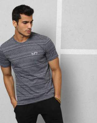 Metronaut Athleisure Striped Men Boat Neck Grey T-Shirt