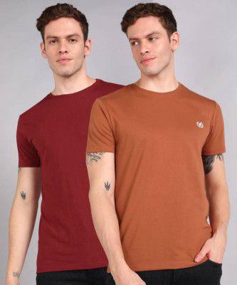 METRONAUT Pack of 2 Solid Men Round Neck Maroon, Orange T-Shirt