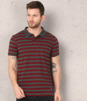 METRONAUT Striped Men Polo Neck Red, Grey T-Shirt