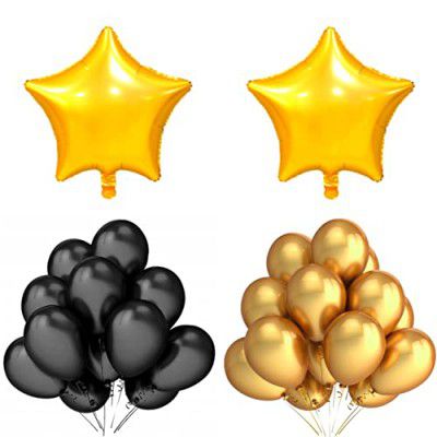 MezoKart Pack of 50 Metallic Latex Balloon 12 Inch for Birthday, Anniversary and Party Decoration (2 Golden Star, Golden-Black)