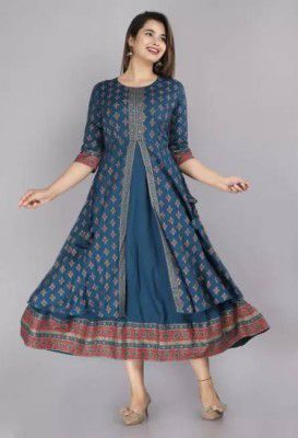 MF HAYAT  Women Printed Viscose Rayon Gown Kurta  (Blue)